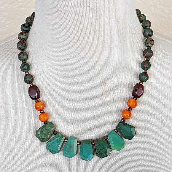 Southwestern Teal Green Chrysoprase & Burnt Orange Agate Statement Bib Necklace - Picture 1 of 3